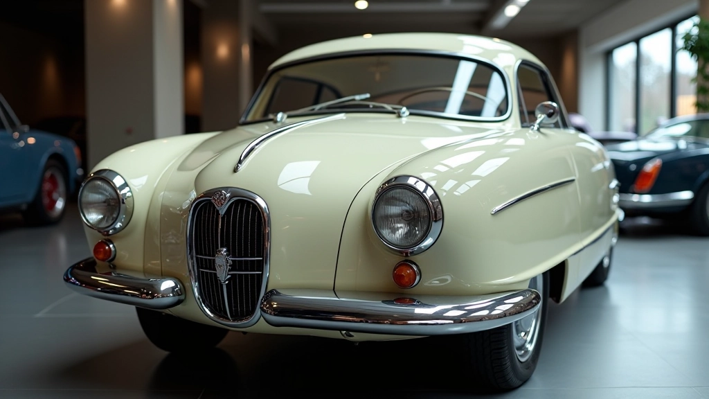 Prancūzų elegancija: minkštos linijos, elegantinis dizainas, šviežia spalva, 1950-ųjų automobilis su aiškiomis charakteristikomis