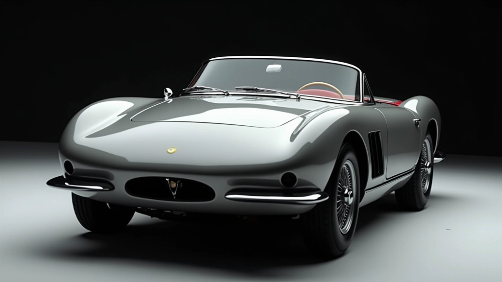 1960 metų italų sportinis automobilis su charakteringomis linijomis, blyškūs metaliniai spalvai, klasikinis dizainas