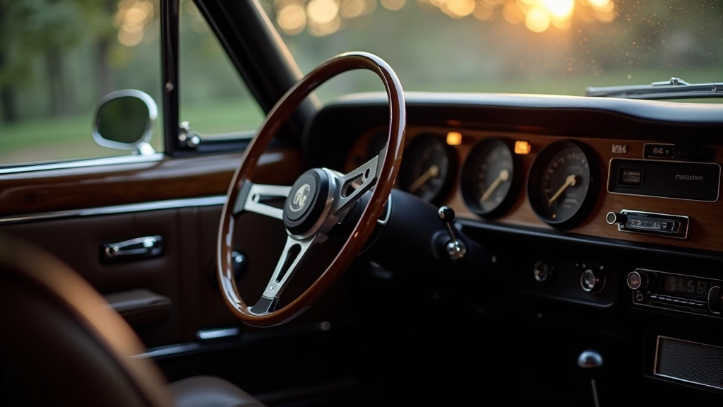 1970-ųjų automobilio interjeras su vintage valdymo panelės dizainu