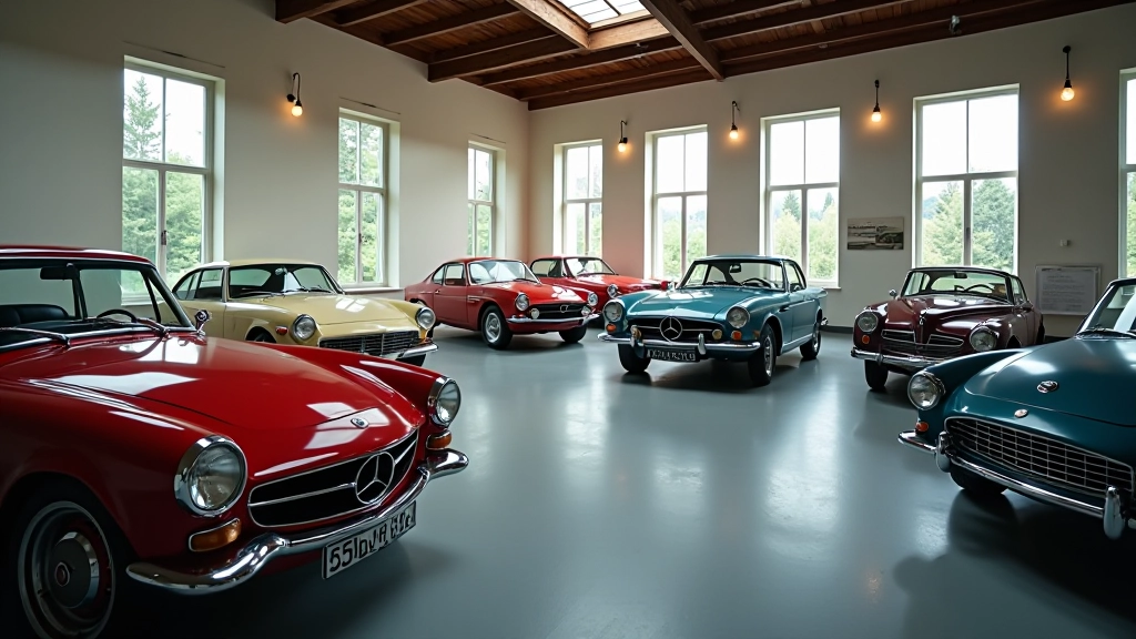 Automobilių muziejaus interjeris su retais automobiliais, šviesa iš langų, elegantinė ekspozicija