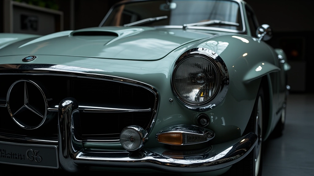 Legendinio automobilio detalizuota nuotrauka: chrom, žibintai, charakteringi komponentai, aukštos kokybės medžiagos
