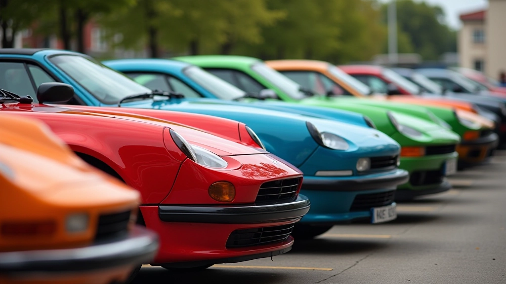 Spalvingų automobilių eilė: ryškus raudonas, mėlynas, žalias ir oranžinis automobiliai, šiuolaikinis šviesos spindulys, kontrastinga spalva