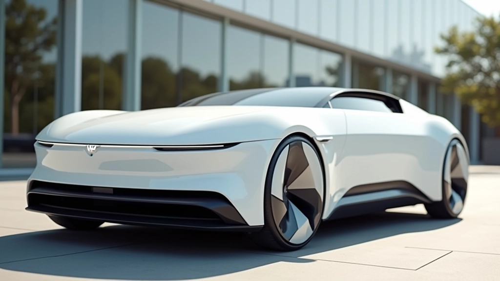 Elektrinis automobilis su minimalinėmis linijomis, švara balta spalva, futuristinis dizainas, žema profilis, saulėtą dieną fotografuota