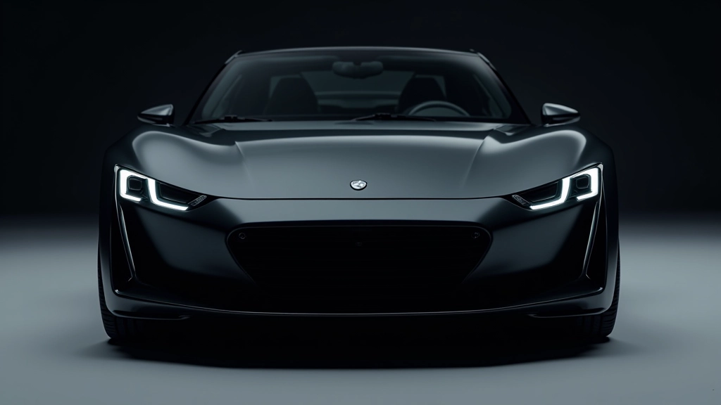 Šiuolaikinis sportas automobilis su agresyviu dizainu, žemais linijomis, akiraižomis LED žibintais, metalinė tamsi spalva