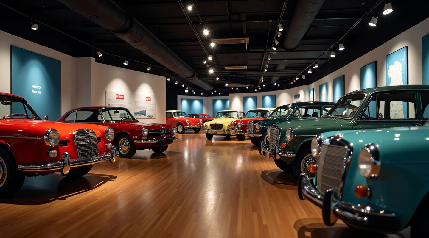 Legendinių automobilių muziejaus interjeras su ikoniškomis modeliais