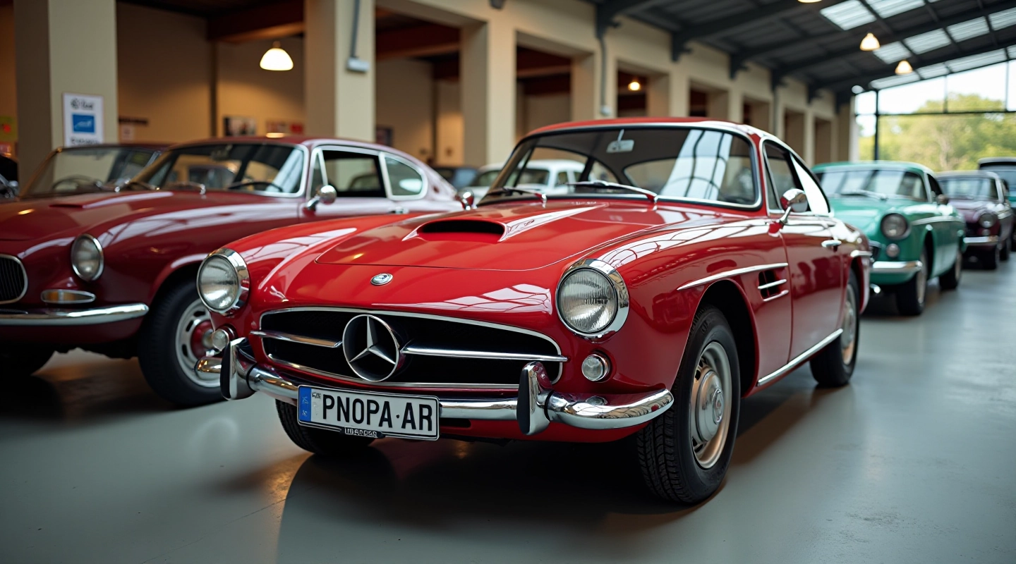 Reti automobiliai garaže, išsaugoti kolekcionierių su rūpestingai restauruotomis klasikinėmis mašinomis