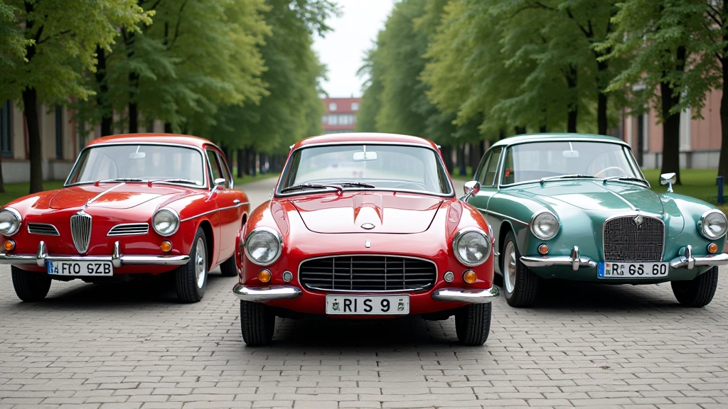 Trijų legendinių automobilių modeliai šalia vienas kito, rodantys dizaino evoliuciją per dešimtmečius, spalvingas vaizdinys