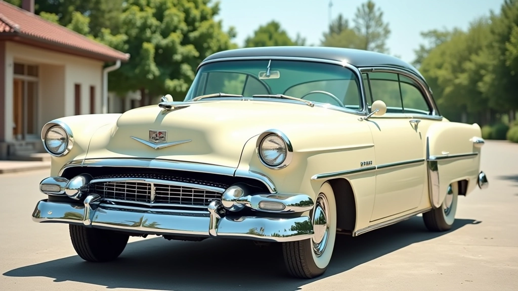 Retro automobiliai iš 1950-ųjų su didžiuliais sparnais ir chromo detalėmis, šviesios spalvos, klasikinis amerikiečių dizainas