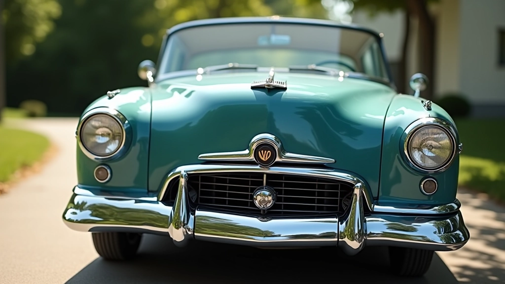 Klasikinis 1950-ųjų automobilis su chrominiais ornamentais ir elegantišku korpusu