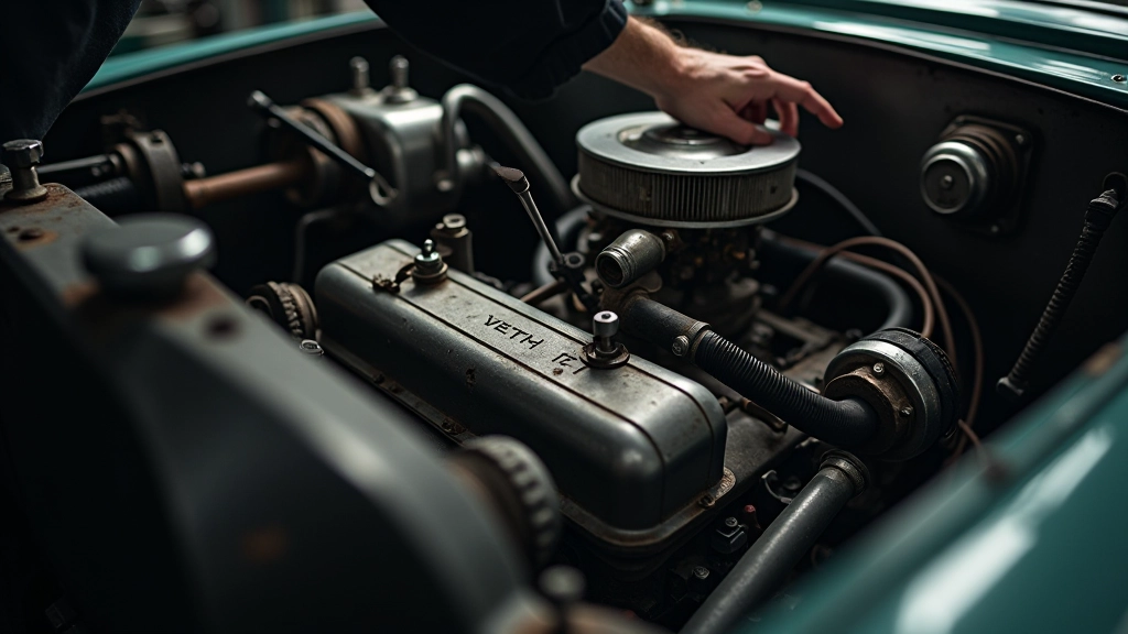 Išsamios restauravimo proceso nuotraukos: automobilinis variklys po konservacijos, žmogaus rankos su įrankiais